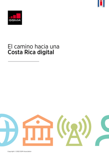 White background with a GSMA logo in the top left. Spanish text reads "El camino hacia una Costa Rica digital" above three icons: a blue globe for connectivity, an orange government building for governance, and a green signal tower for communication. Costa Rican flag symbol at the top right.