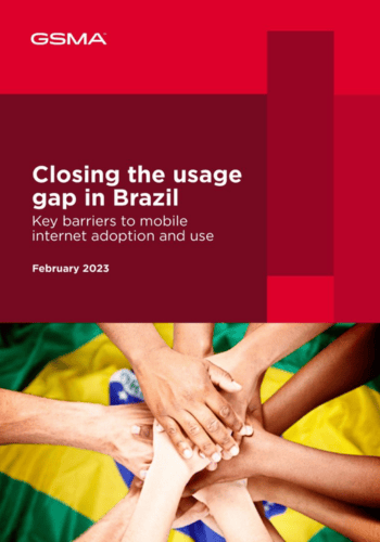 Cover of a GSMA report titled "Closing the usage gap in Brazil: Key barriers to mobile internet adoption and use," dated February 2023. It features a diverse group of hands joined together over a partially visible Brazilian flag.