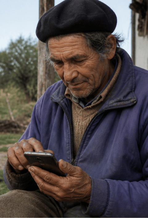 Anciano con boina y chaqueta utilizando un smartphone al aire libre, mirando atentamente la pantalla.