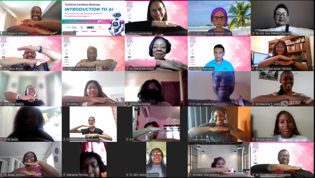A screenshot of a virtual meeting with 24 participants, each person visible in their own video tile. Most individuals are performing a hand gesture with arms parallel to the ground and hands touching.