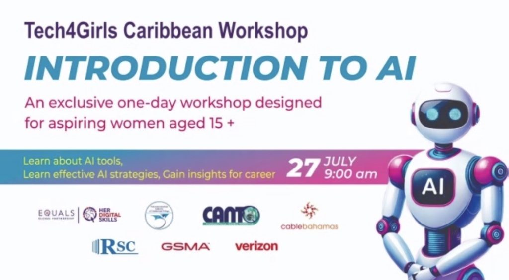 Promotional image for the Tech4Girls Caribbean Workshop titled "Introduction to AI." The event is an exclusive one-day workshop for women aged 15+. The image features a robot holding an AI sign. The workshop is on 27 July at 9:00 am with logos of various sponsors.