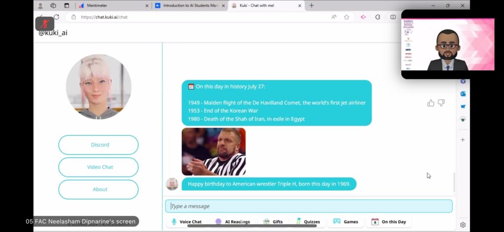 A digital interface shows a discussion forum. The main post includes historical events from July 27 and has an image of a referee in the lower left corner. Below the post, a user comments: "Happy birthday to American wrestler Triple H, born this day in 1969.