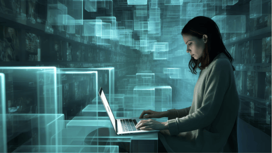 A woman uses a laptop surrounded by glowing digital cubes in a futuristic, data-filled environment, reflecting innovation driven by the GSMA regional interest group.