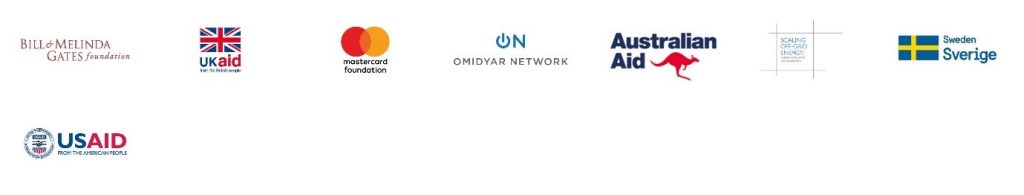 Logos of various organizations in a row. From left to right: Bill & Melinda Gates Foundation, UK Aid, Mastercard Foundation, Omidyar Network, Australian Aid, Skoll Foundation, USAID, and Government of Sweden.