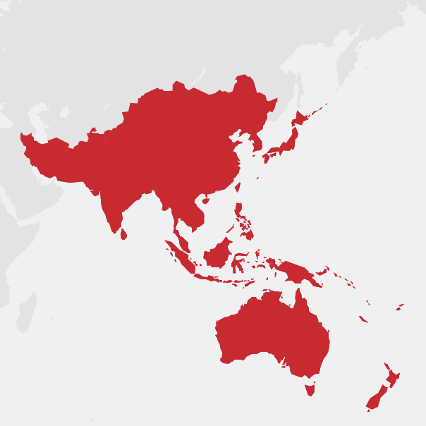 A map providing regional spectrum insights into the Asia-Pacific region, including parts of East Asia, Southeast Asia, and Oceania, highlighted in red on a gray background.