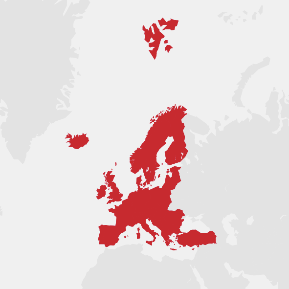 Map illustrating regional spectrum insights by highlighting countries in Europe in red against a gray background.