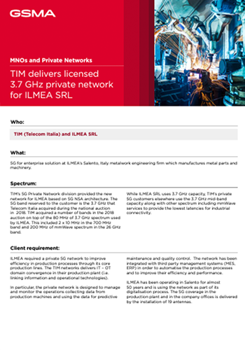        Text-heavy document titled "TIM delivers licensed 3.7 GHz private network for ILMEA SRL" with details about the partnership between TIM (Telecom Italia) and ILMEA SRL, including sections on spectrum, background, and client requirements, highlighting the impact of spectrum set-asides.