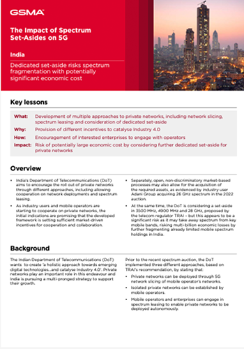  document from GSMA titled "Impact of Spectrum Set-Asides on 5G" highlights key lessons, overview, and background on Indian 5G mobile licensing. Emphasizing fair competition and innovation without restrictive sub-licence conditions, it also delves into the impact of spectrum set-asides.
