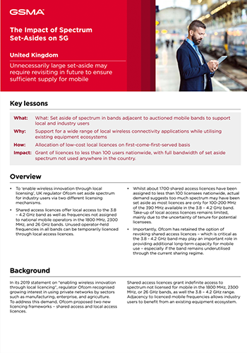  document from GSMA titled "Impact of Spectrum Set-Asides on 5G" highlights key lessons, overview, and background on British 5G mobile licensing. Emphasizing fair competition and innovation without restrictive sub-licence conditions, it also delves into the impact of spectrum set-asides.