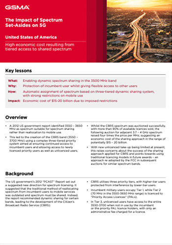  document from GSMA titled "Impact of Spectrum Set-Asides on 5G" highlights key lessons, overview, and background on American 5G mobile licensing. Emphasizing fair competition and innovation without restrictive sub-licence conditions, it also delves into the impact of spectrum set-asides.