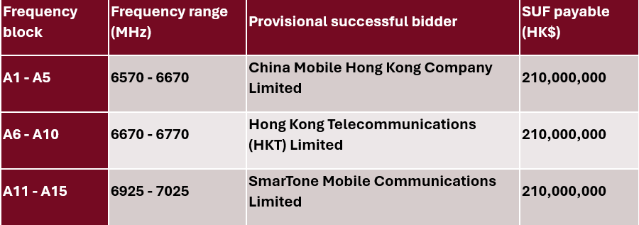 A table summarising the auction results