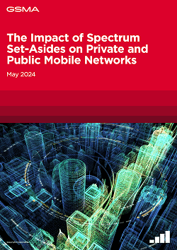 Cover page titled "The Impact of Spectrum Set-Asides on Private and Public Mobile Networks, May 2024" by GSMA. The lower part features a colorful, neon-outline rendering of a 3D cityscape with abstract glowing buildings over a dark background.