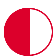 A circle divided vertically down the middle; the left half is solid red, and the right half is solid white. The background is transparent.