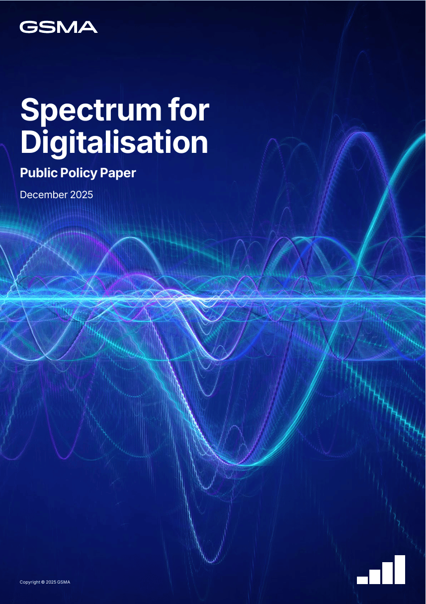 Cover of a GSMA paper titled “Spectrum for Digitalisation, Public Policy Paper, December 2025.” The background shows overlapping, colorful, wavy lines in shades of blue and purple, resembling sound or radio waves, with a small signal strength icon at the bottom right.