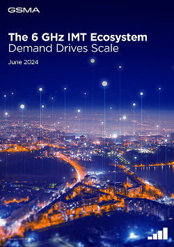 Cover of a GSMA report titled “The 6 GHz IMT Ecosystem: Demand Drives Scale, June 2024.” The background shows a cityscape at night with glowing lines and dots symbolizing wireless connections over buildings and roads.
