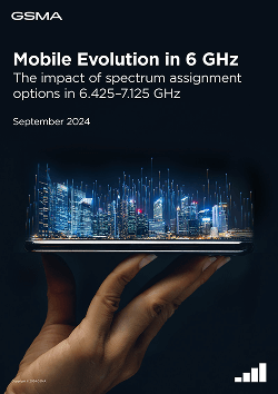 A hand holds a smartphone with a digital cityscape and light beams emerging from the screen. Text above reads: “Mobile Evolution in 6 GHz: The impact of spectrum assignment options in 6.425–7.125 GHz.” Date: September 2024. GSMA logo top left.