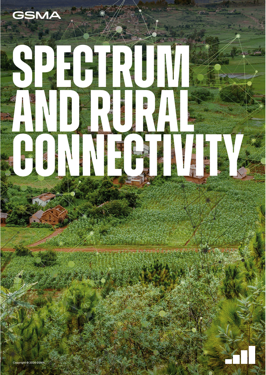 A rural landscape featuring green fields, small houses, and trees, overlaid with a graphic network pattern. Large white text reads, "Spectrum and Rural Connectivity." The GSMA logo is at the top left. The overall tone suggests technology in rural areas.