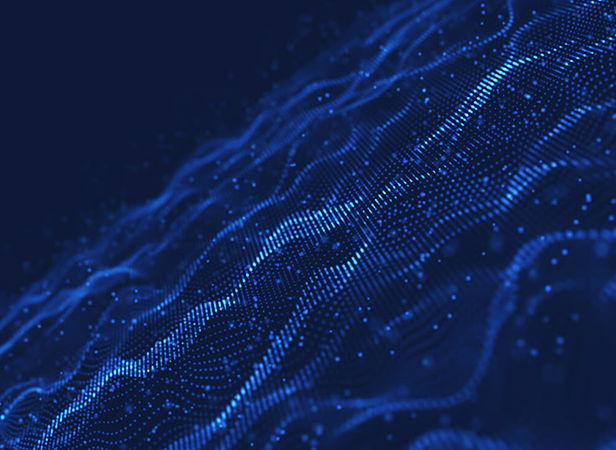 A digital abstract image showing flowing, wave-like patterns made of small blue glowing dots on a dark blue background, resembling a futuristic data network or representation of digital information in motion.