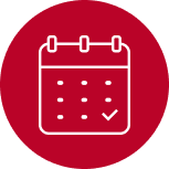White line drawing of a calendar with a checkmark on one date, set against a solid red circular background. The calendar has three rings at the top, representing binding or hanging loops.