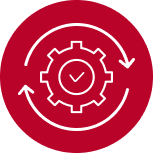 A white gear with a checkmark inside is centered on a red circular background. Two white curved arrows form a circle around the gear, indicating a continuous or cyclical process such as automation, efficiency, or quality assurance.