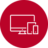 White line drawing of a desktop monitor, a tablet, and a smartphone on a solid red circular background, symbolizing multiple digital devices or responsive technology.