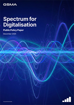 Cover of a GSMA policy paper titled "Spectrum for Digitalisation" with colourful wave graphics.