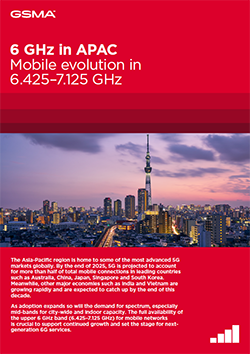 GSMA promo image on 6 GHz in APAC shows a city skyline at dusk with a tall tower in the centre. Red banners state "6 GHz in APAC" and mobile frequencies, highlighting the importance of 6 GHz mobile spectrum. Text below discusses 5G growth, APAC markets, and the need for more spectrum.