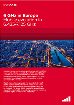 Aerial view of a cityscape at dusk, with illuminated buildings and a river. The text discusses 6 GHz mobile in Europe for mobile evolution, highlighting spectrum use, 5G, and future economic competitiveness. The GSMA logo is at the top.