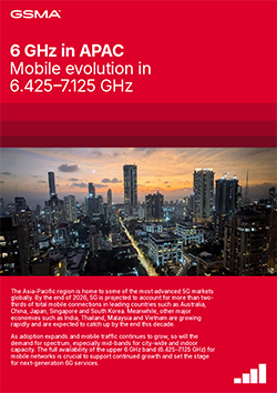 A city skyline at sunset with tall buildings and lights, overlaid with red and white text about 6 GHz mobile evolution in APAC. The GSMA logo is at the top left, with a brief summary of 6 GHz mobile’s role in Asia-Pacific 5G expansion below.