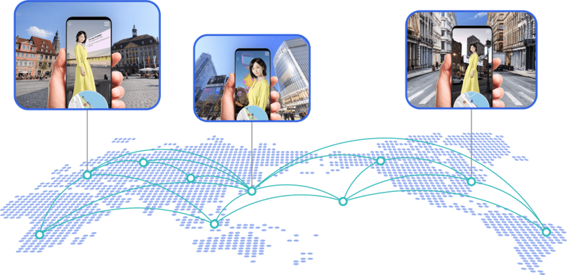 A digital illustration shows various photos of a person in different locations displayed on phones. These phones are positioned above a world map, connected by lines and dots, symbolizing global connectivity and communication.