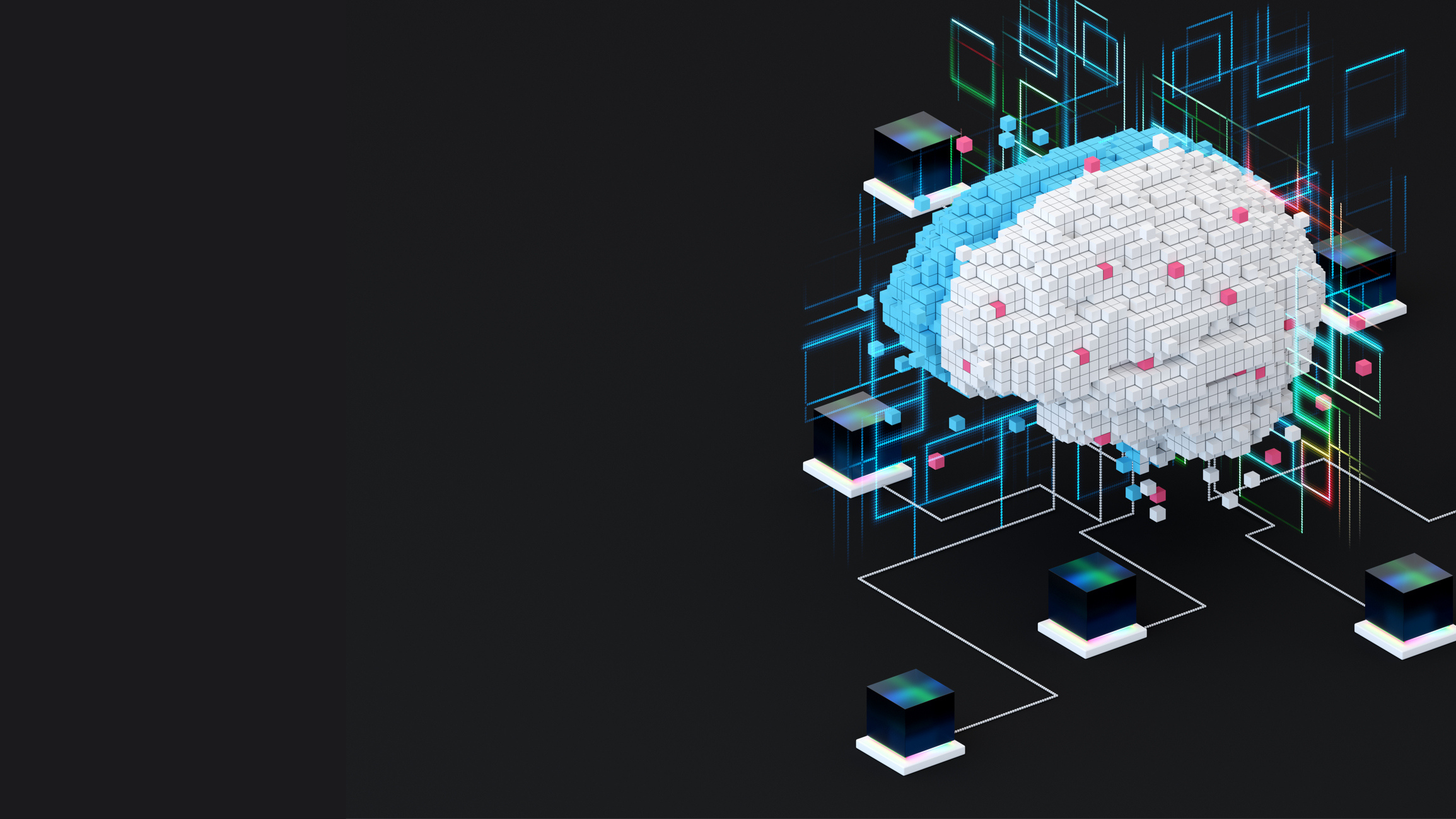 A digital illustration features a white and blue 3D brain made of hexagons, interconnected with various cubes and lines against a black background. The design implies a concept of artificial intelligence or neural networks.