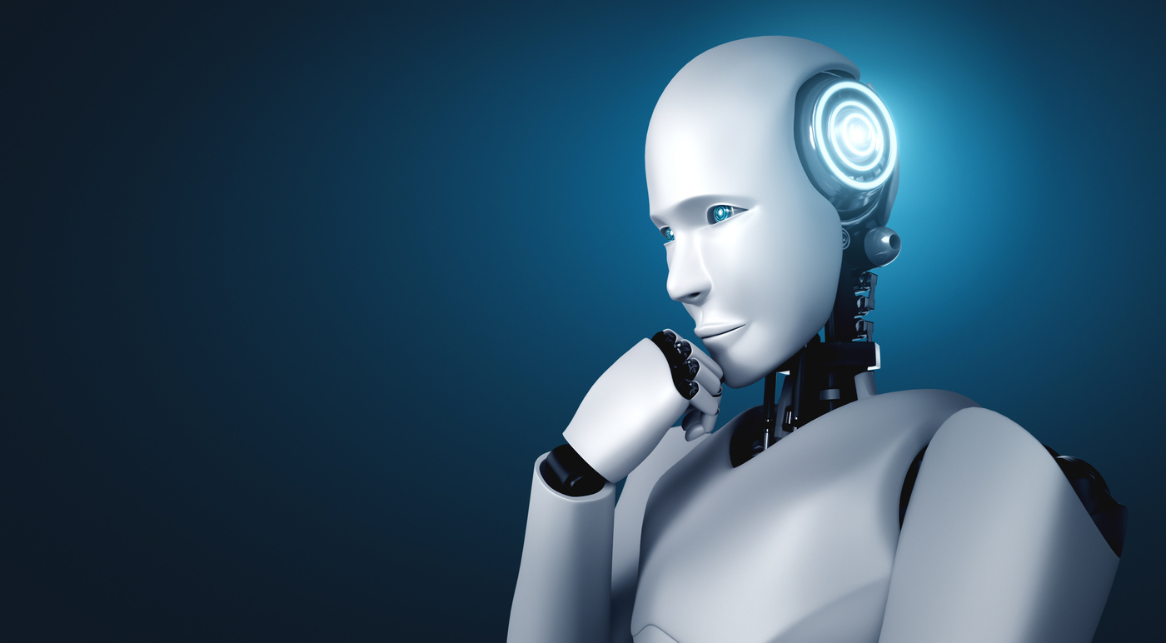 A humanoid robot with a white exterior is shown in a contemplative pose against a blue gradient background. It has one hand placed under its chin and a blue light emanates from its head, indicating advanced technology.