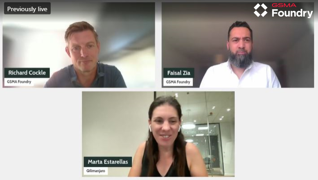 Screenshot of a video call with three participants. Top left shows a man with "Richard Cockle" label, top right shows a man with "Faisal Zia" label, both with GSMA Foundry tags. Bottom shows a woman with "Marta Estarellas" label and Olilimajaro tag. GSMA Foundry logo is visible.