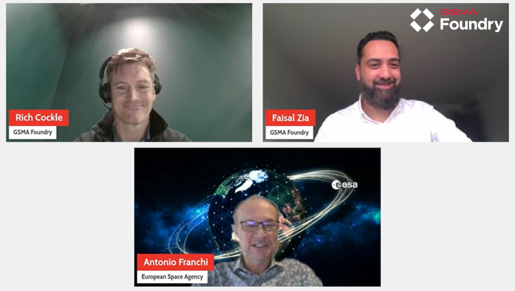Three men are in a virtual meeting. The top left and right show men smiling; each is labeled with their name and affiliation to GSMA Foundry. At the bottom, a man is labeled with his name and European Space Agency affiliation. A digital globe with satellites is pictured behind him.