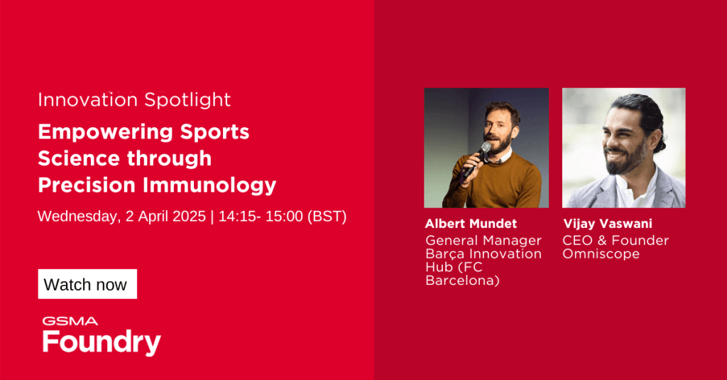 Red graphic promoting an "Innovation Spotlight" event on April 2, 2025, about "Empowering Sports Science through Precision Immunology." Features photos of Albert Mundet and Vijay Vaswani with their titles. Includes a "Watch Now" button and GSMA Foundry logo.