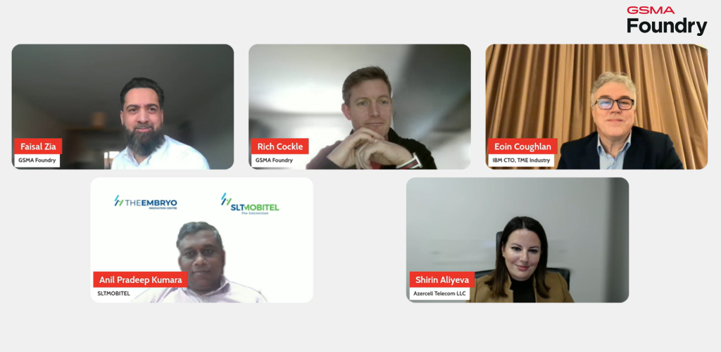 A video call with five people in individual frames. Top row: Faisal Iza, Rich Cockle, and Eoin Coughlan; bottom row: Anil Pradeep Kumara and Shirin Aliyeva. The GSMA Foundry logo is at the top right. Backgrounds vary from plain to decorated.
