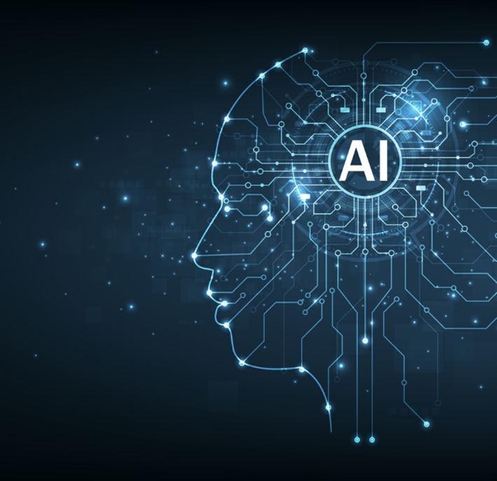 A glowing blue outline of a human head faces left, overlaid with circuit patterns. The letters “AI” are centered inside the head, symbolizing artificial intelligence. The background is dark with scattered small lights resembling stars or data nodes.