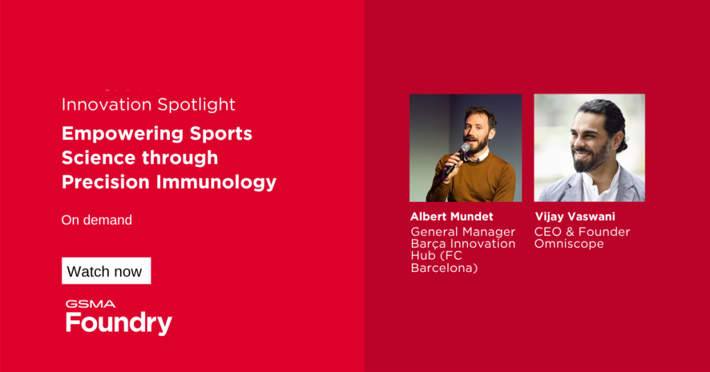 A promotional graphic for an on-demand GSMA Foundry event titled "Empowering Sports Science through Precision Immunology." It features photos of Albert Mundet (Barça Innovation Hub) and Vijay Vaswani (Omniscope), with a "Watch now" button.