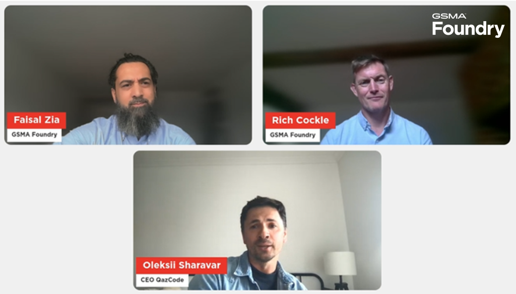 A virtual meeting screenshot shows three men in separate video frames. Top left: Faisal Zia, with a beard, labeled GSMA Foundry. Top right: Rich Cockle, labeled GSMA Foundry. Bottom: Oleksii Sharavar, CEO QazCode. GSMA Foundry logo appears at the top right.