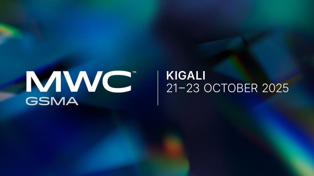 A blurred abstract blue and green background with white text that reads: "MWC GSMA KIGALI 21–23 OCTOBER 2025." The design has a modern, tech-focussed feel.