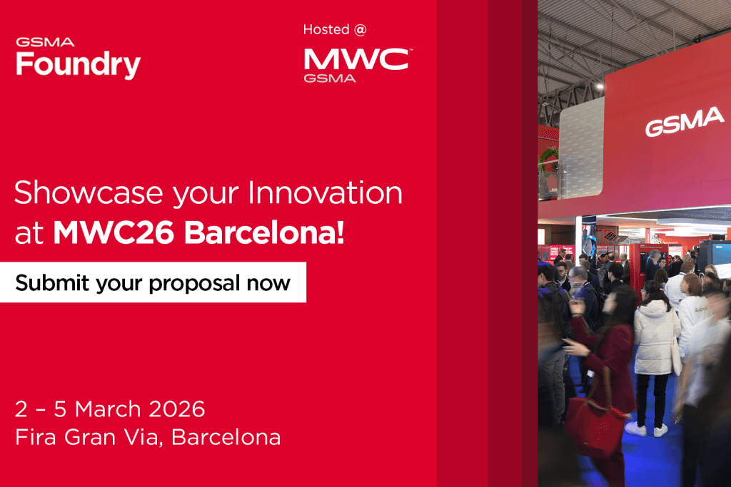 A promotional banner for MWC26 Barcelona shows a busy exhibition hall with people walking and talking. Text invites proposals for innovation showcases at "MWC26 Barcelona," happening 2–5 March 2026 at Fira Gran Via, Barcelona. The GSMA and MWC logos are displayed.