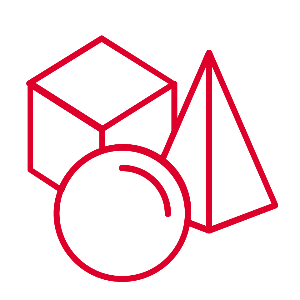 A simple red outline drawing on a white background shows three geometric shapes: a cube on the left, a sphere in front, and a pyramid to the right, with all shapes slightly overlapping each other.