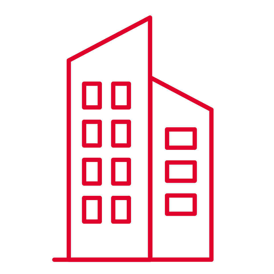 A simple red line drawing of a modern, geometric building with two sections, featuring square windows. The design evokes the precision of mobile AI technology in architecture.