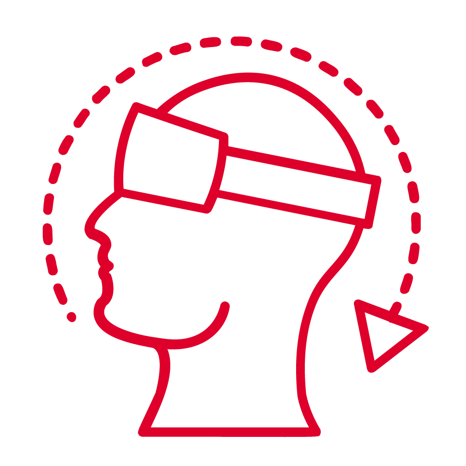A red outline of a person’s head in profile wearing virtual reality goggles, with a dashed arc and arrow for motion tracking, suggests seamless integration of mobile AI on a light gray background.