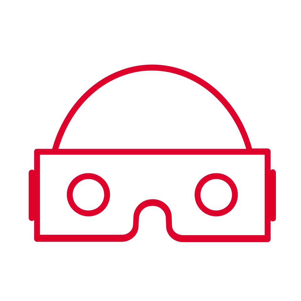 A simple red outline of virtual reality goggles with two circular eye openings and a curved strap on top, set against a light gray background, suggesting the integration of mobile AI technology.