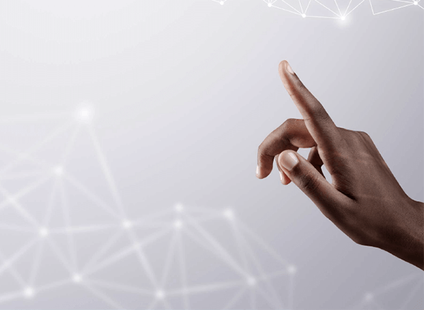 A hand with dark skin tone points upward against a light gray background. Faint, white geometric lines and dots form a network pattern, evoking technology or digital interaction—a visual nod to large language models (LLM) and AI innovation.