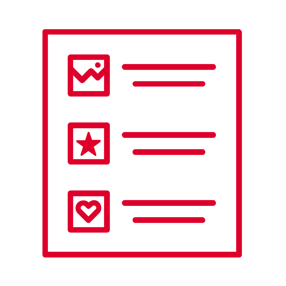 A red outlined icon of a document features three rows—a picture icon, a star, and a heart—followed by text lines, all on a black background. Ideal for representing large language models (LLM) AI concepts visually.