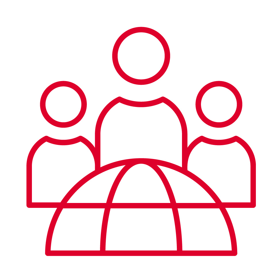 A red line drawing of three human figures behind a globe, symbolising global community or teamwork—perfect for representing large language models (LLM) or LLM AI collaboration. The globe’s latitude and longitude lines stand out on a black background.