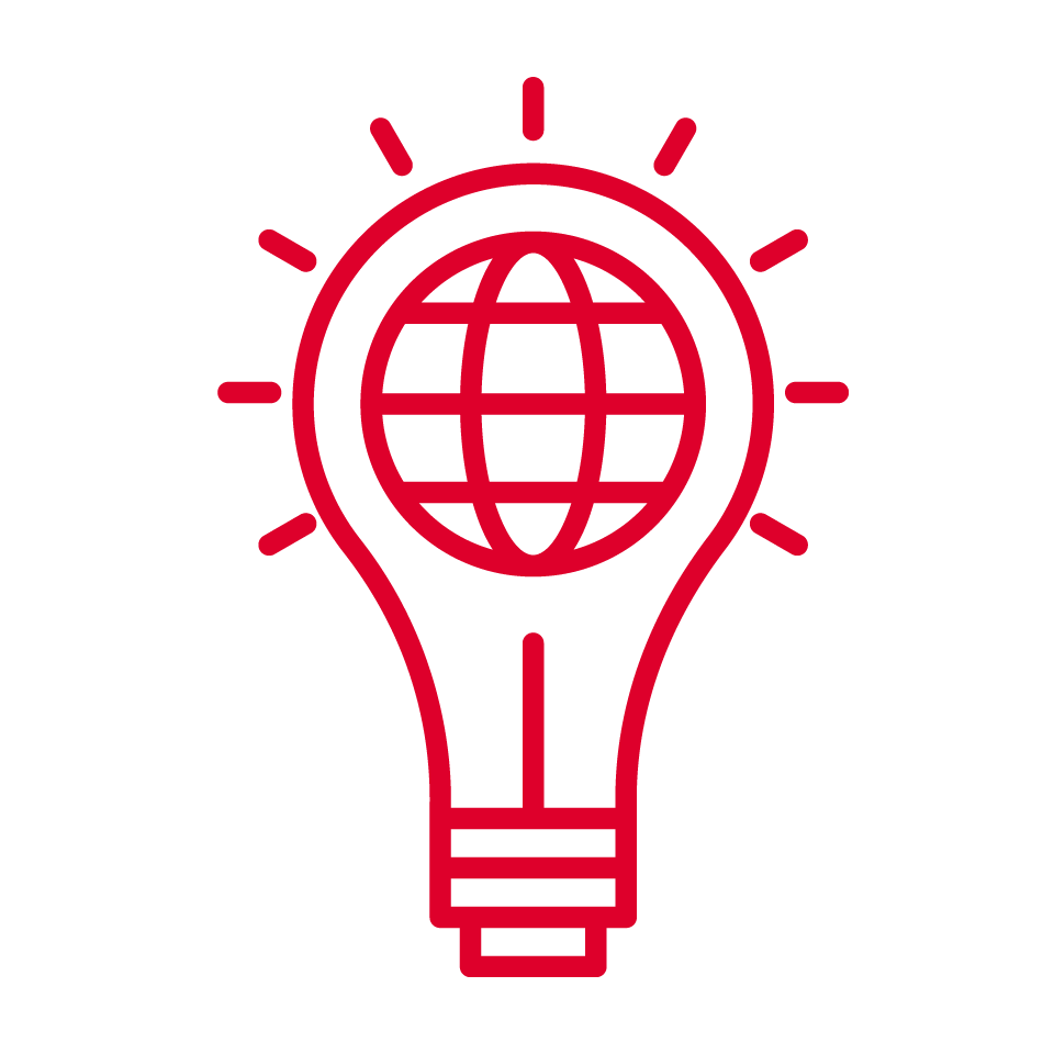 A red outline of a light bulb with a globe inside it symbolises worldwide innovation in LLM Languages. Radiating lines suggest bright ideas, while the black background highlights global inspiration and connectivity.