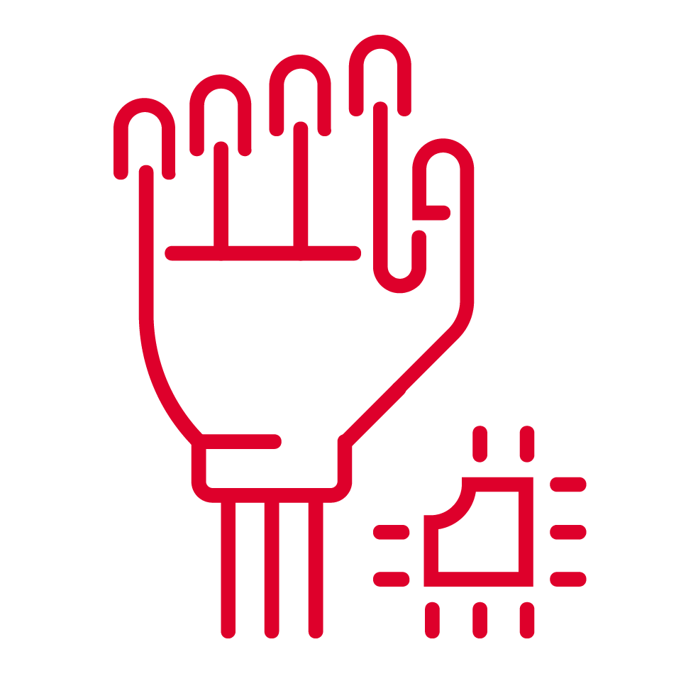 A red outline icon of a robotic hand with three straight lines for fingers or wires and a microchip nearby, featured on black—symbolises robotics, artificial intelligence, and the intersection of technology with fields like LLM AI.